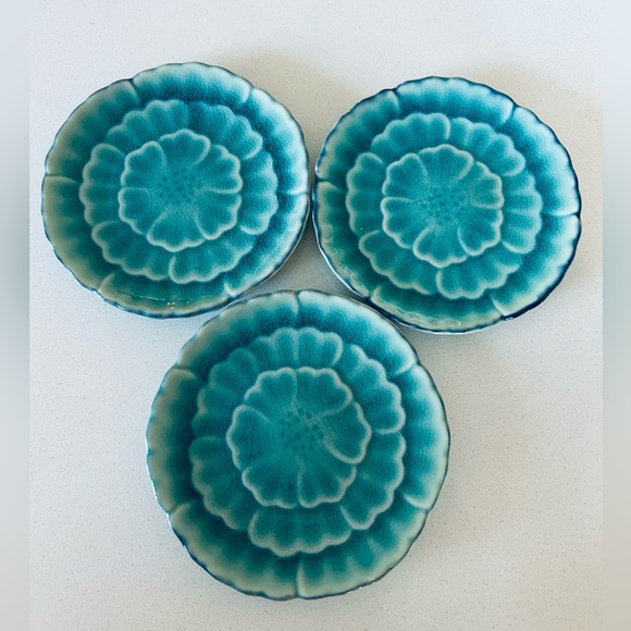 Vintage Turquoise Blue Kotobuki Ikebana Trinket Dishes Set 3 | Japan Pottery - Picture 2 of 5